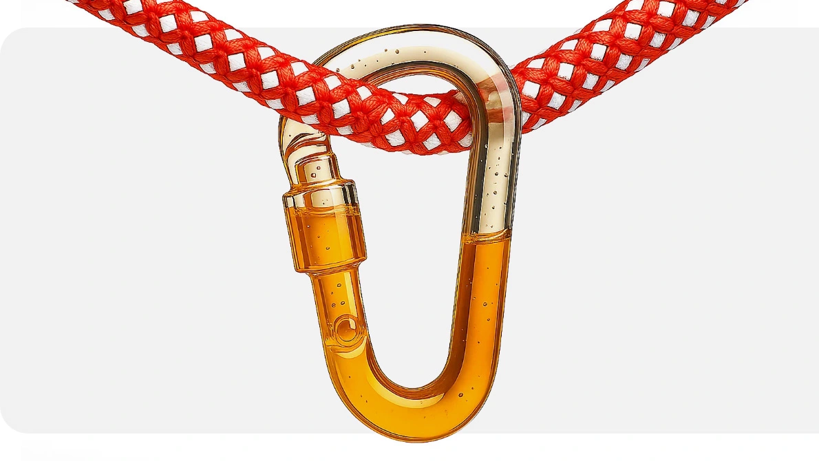 Illustration eines Sicherheitskarabiners, der aus hohlem Glas zu bestehen scheint, gefüllt mit einer dunkelgelben Flüssigkeit wie Altöl.